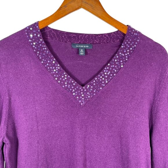 Lands’ End Cotton Cashmere Purple V-Neck Sweater Sequin Trim Size M - Picture 5 of 9